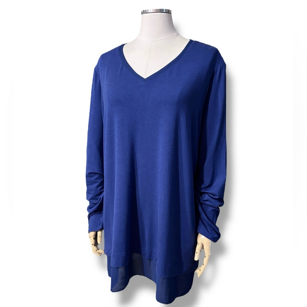 CHICO’S Nocturne Navy Knit V Neck Tunic Top Contrast Woven Hem